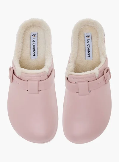 Le Confort Women Solid Bedroom Mules with Fur Accent and Buckle Detail