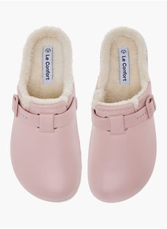 Le Confort Women Solid Bedroom Mules with Fur Accent and Buckle Detail  - Image 1