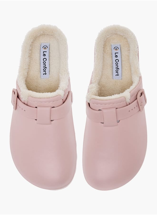 Le Confort Women Solid Bedroom Mules with Fur Accent and Buckle Detail  - Image 1
