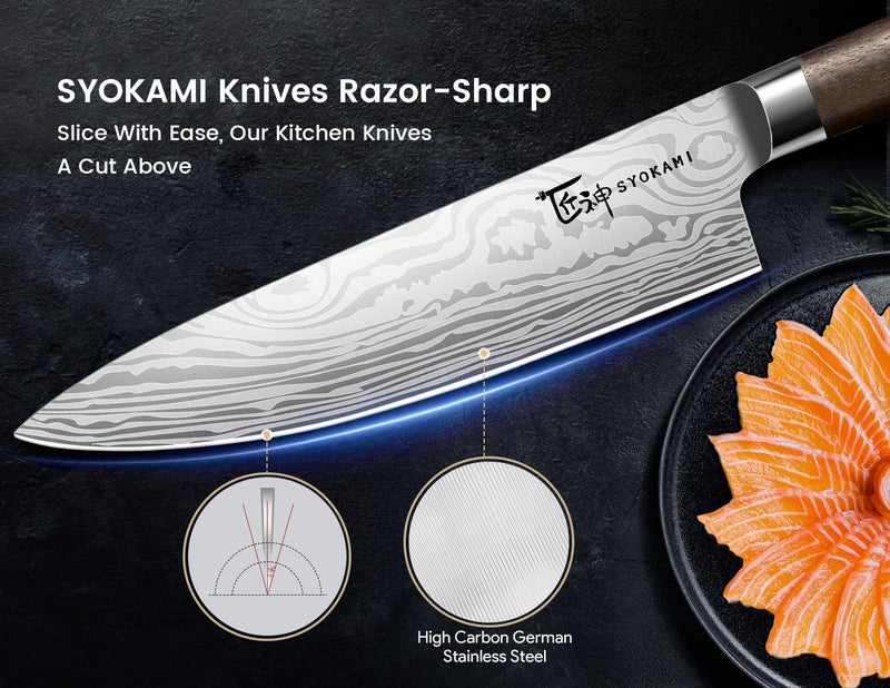 SYOKAMI 2026 Upgrade Knife Set 14 Piece Japanese Style Kitchen Knife Set With 360° Rotatable Magnetic Block, Sharp High Carbon Stainless Steel Knives Sets with Steak Knives and Sharpener, Gift for Mom - Image 5