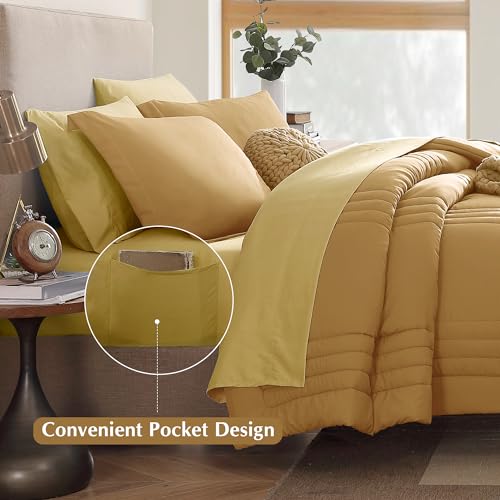 Monbix Queen Comforter Set - 7 Pieces Desert Yellow Bed in a Bag Queen Bedding Sets with Comforters, All Seasons Down Alternative Comforter Bed Set with Sheets, Pillowcases & Shams - Image 5