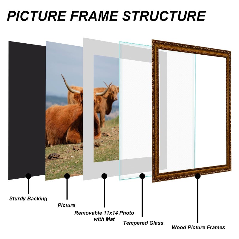 FJXMFRAME Gold 16x20 Picture Frame with Mat, Vintage Wood Photo Frame for Real Glass, Matted 11x14 or 16 x 20 Photos, Easy Photo Changes, Wall Hanging, Ornate Antique Wall Art - Image 2