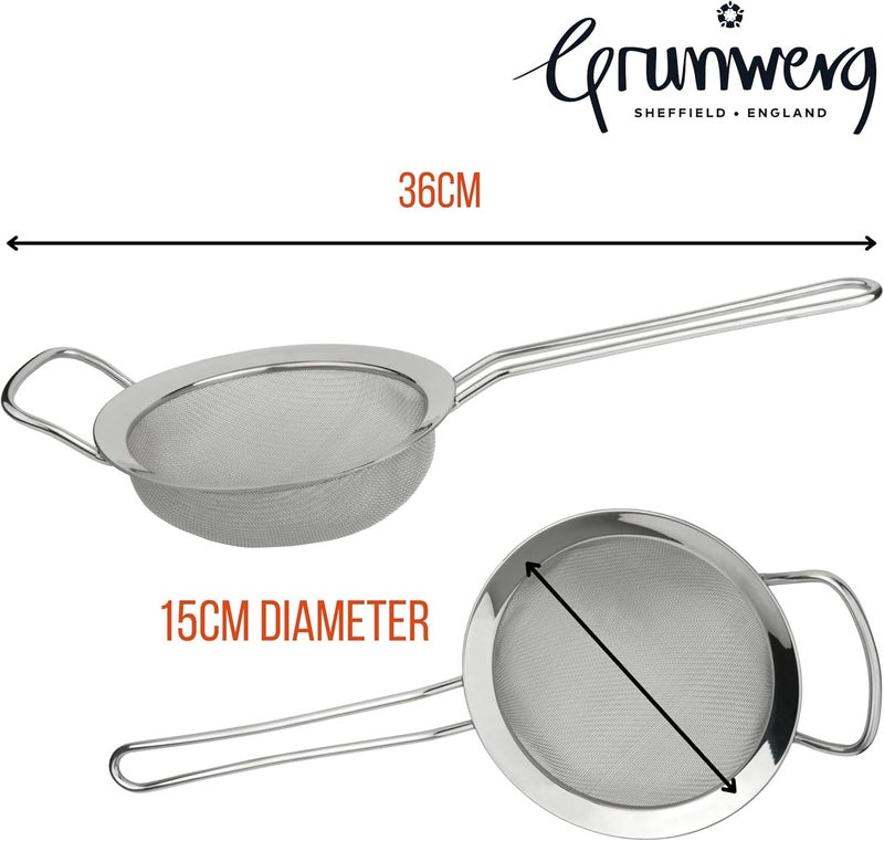 GRUNWERG ST-3006 Fine Mesh Strainer with Polished Rim And Handle, Silver, 6-Inch, 15cm Diameter - Image 3