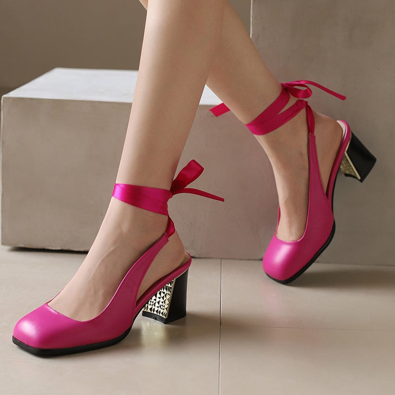 Fashion High Heel Square 33-50 Plus Size Ankle Strap Covered Toe Sandals For Women - Image 4