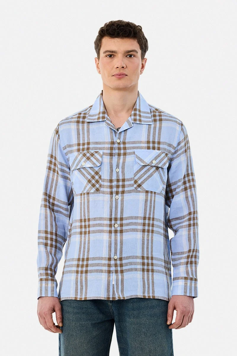 سنيتش قميص كاروهات بجيبين مزدوجين من الكتان بنسبة %