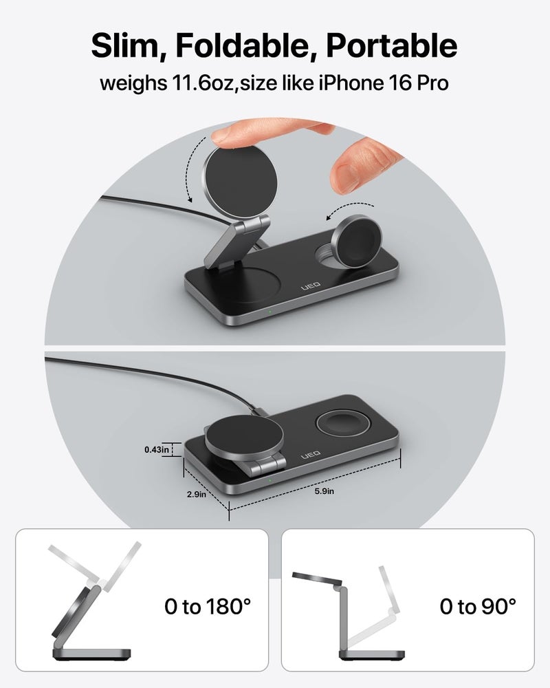 UEQ Foldable 3 in 1 Wireless Charging Station for Apple Magsafe Charger Stand,Fast Magnetic Wireless Charger Station for iPhone 17 Air 16 15 14 13 12 Series,Airpods Pro,Apple Watch Ultra (Pure Black) - Image 3
