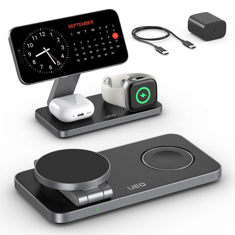 UEQ Foldable 3 in 1 Wireless Charging Station for Apple Magsafe Charger Stand,Fast Magnetic Wireless Charger Station for iPhone 17 Air 16 15 14 13 12 Series,Airpods Pro,Apple Watch Ultra (Pure Black) - Image 1