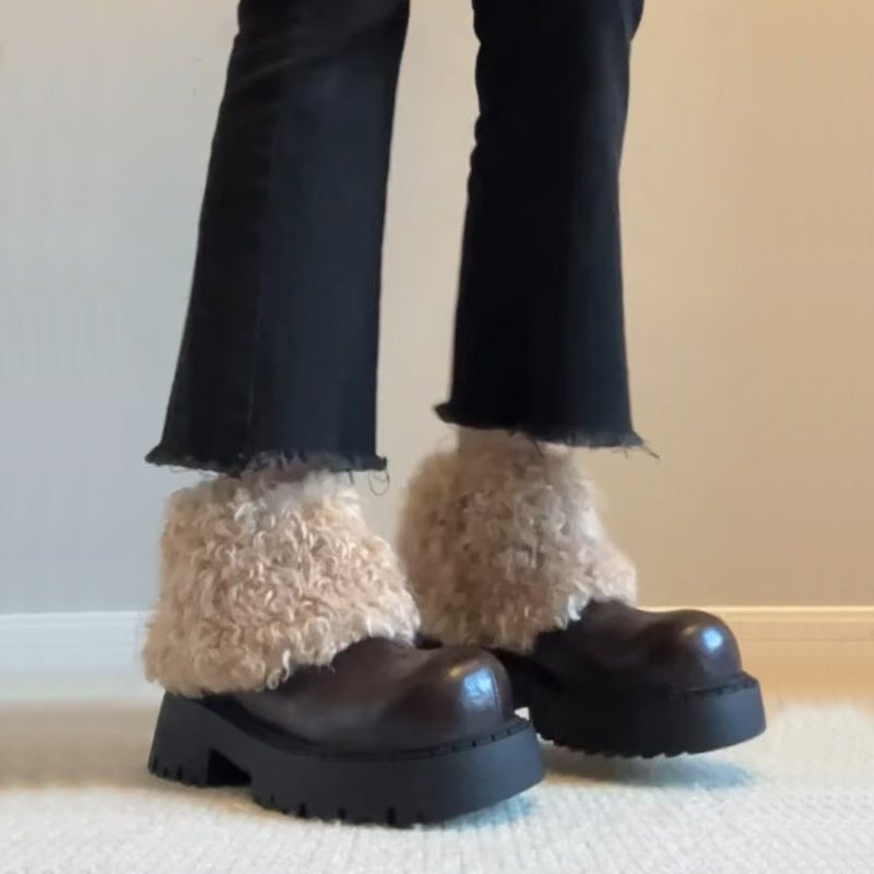 Women's Side Zipper Ankle Boots with Faux Fur Lining, Chunky Heel - Image 1