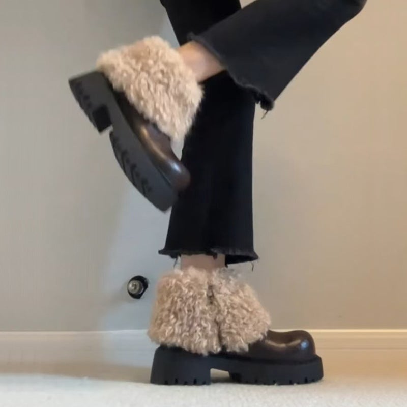 Women's Side Zipper Ankle Boots with Faux Fur Lining, Chunky Heel - Image 3
