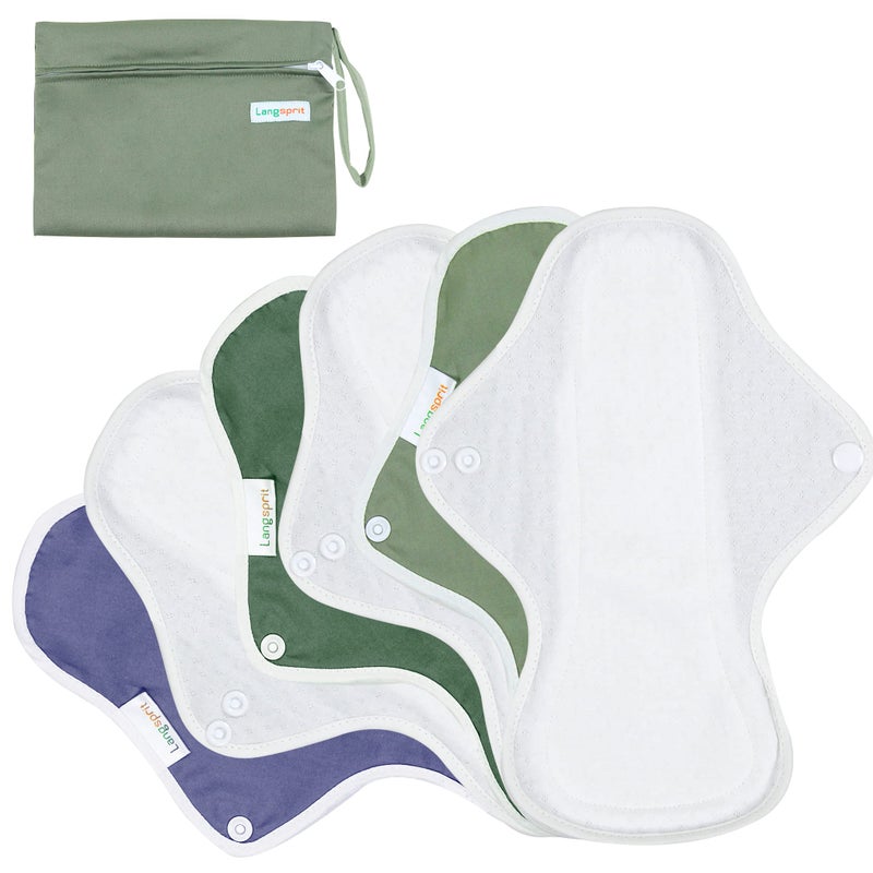 Langsprit Reusable Sanitary Pads for Women, Feminine Pads for Women Regular Absorbency Cotton Washable Cloth Menstrual Pads 6pcs Set with Mini Wet Bag Leakfree and Periods (Medium) - Image 1