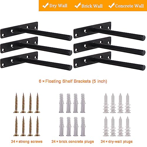 YMDparts Blind Floating Shelf Brackets 5 Inch - DIY Heavy Duty Wall Shelf Brackets, Solid Steel Matte Black Hidden Support with Hardware for Custom Wood Shelves (6 Pack) - Image 4