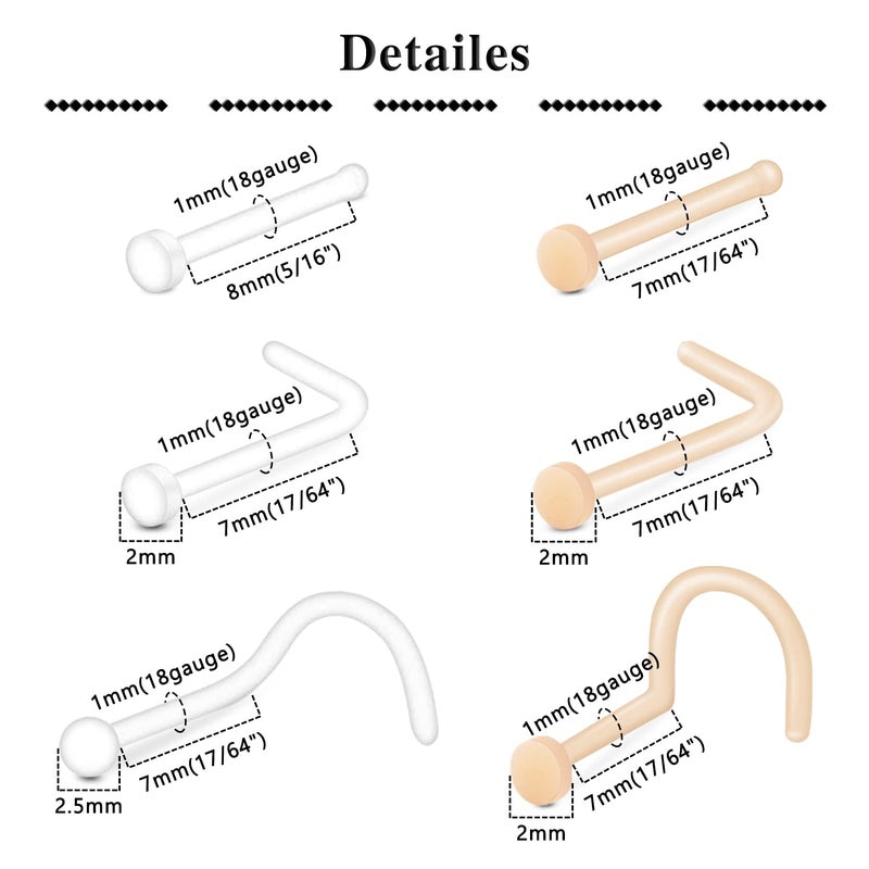 QWALIT خواتم أنف شفافة من QWALIT، دبابيس على شكل L، مثبت ثقب مرن، لون جلد البشرة، مثبت ثقب أنف للعمل 18g 20g بسطح مسطح - Image 2