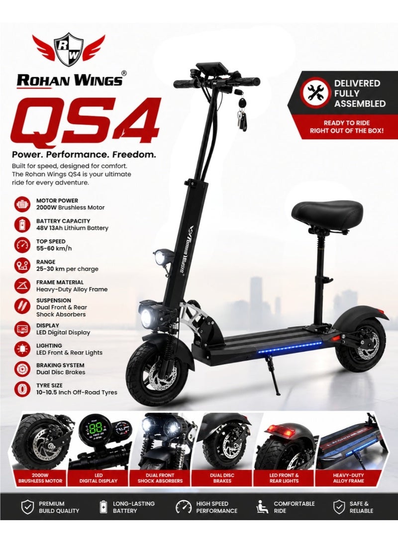 Rohan Wings QS4 Electric Scooter 2000W, 48V 13Ah Lithium Battery, 55–60 km/h Speed, Dual Suspension, Off-Road Tyres - Image 2