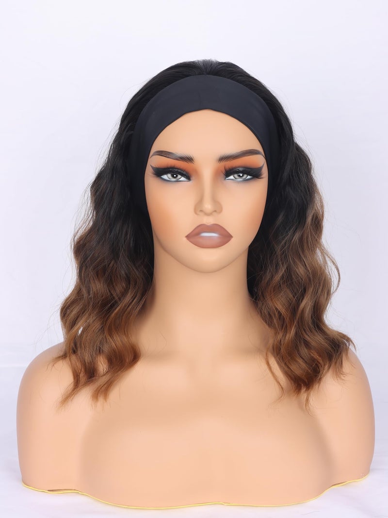 SYMEIW Short Brown Wavy Headband Wig For Black Women Synthetic Black To Brown Half Wigs With Headband Attached Daily Use Wig - Image 2