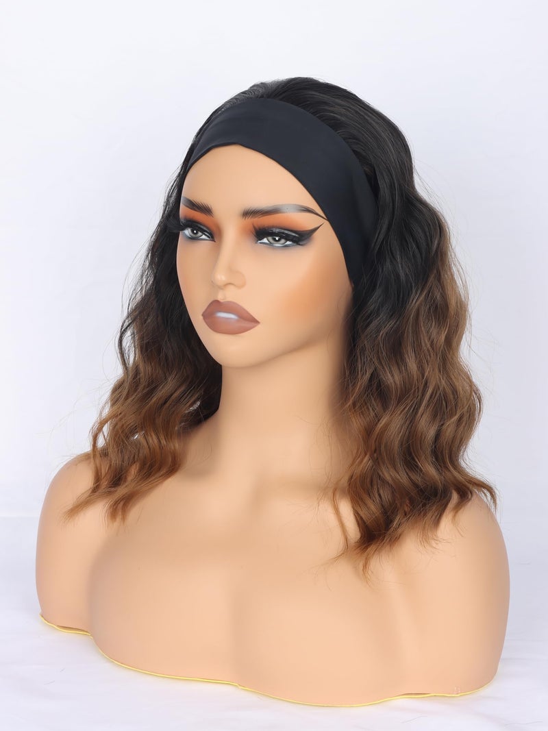 SYMEIW Short Brown Wavy Headband Wig For Black Women Synthetic Black To Brown Half Wigs With Headband Attached Daily Use Wig - Image 3