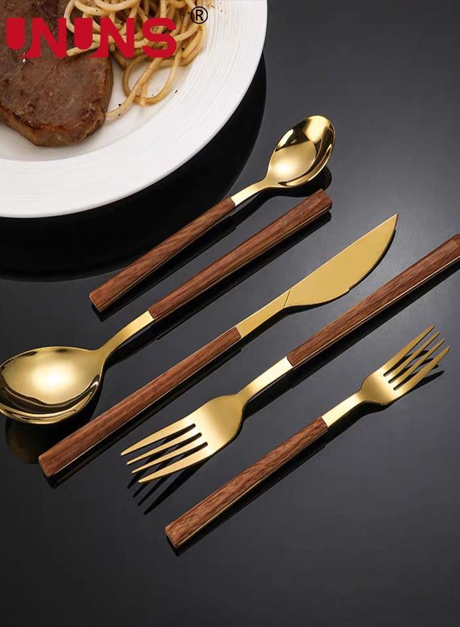 UNUNS 5-Piece Cutlery Sets,Faux Wood Grain Handle Stainless Steel Flatware Cutlery Set For Home Office Restaurant Picnic - Image 2