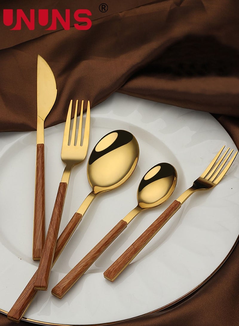 UNUNS 5-Piece Cutlery Sets,Faux Wood Grain Handle Stainless Steel Flatware Cutlery Set For Home Office Restaurant Picnic - Image 1