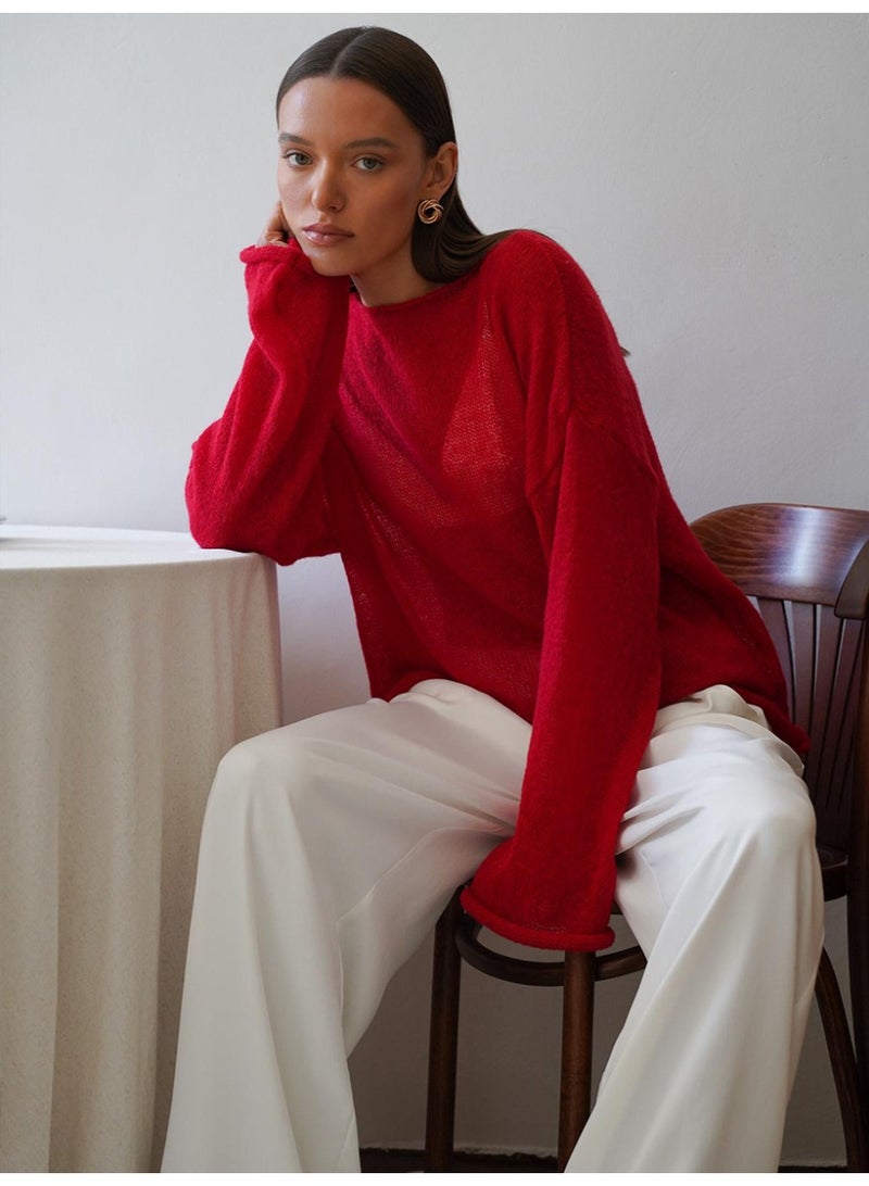 NIBEMINENT Early Autumn  Hollow Out Sweater For Women Loose Solid Color Knit Long Sleeve Cover-Up Tops Female - Image 1