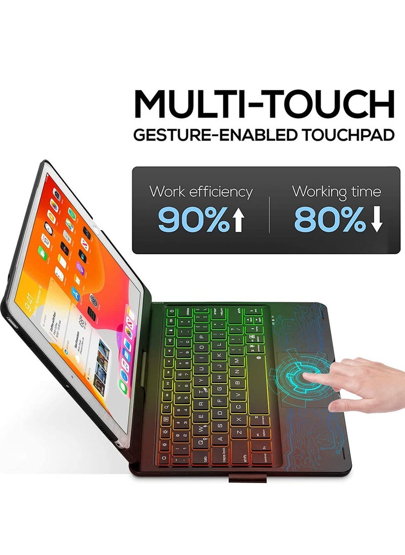 Touch iPad Keyboard Case with Trackpad for 10.2-inch iPad 8th Generation (2020), 7th Gen, Air 3, Pro 10.5-7 Color Backlight, 360° Protective Slim Cover with Apple Pencil Holder (Black)