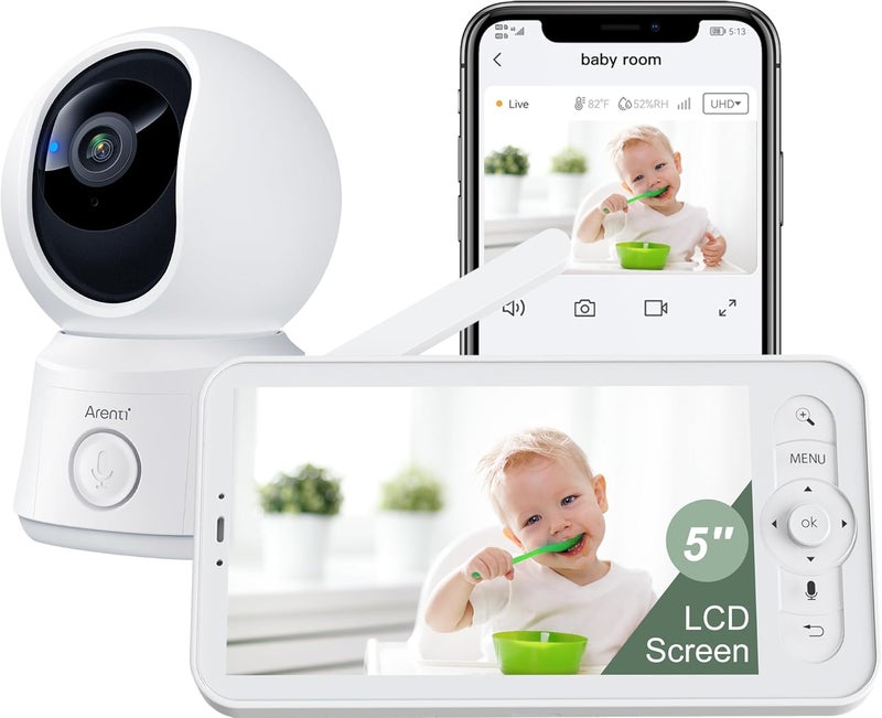 ARENTI Video Baby Monitor with Camera and Audio 5inch Smart Baby Camera Monitor with Free Phone App 1080P VOX PTZ OneTouch Call Temp Sensor Lullaby Night Vision Auto Tracking 2Way Talk - Image 1