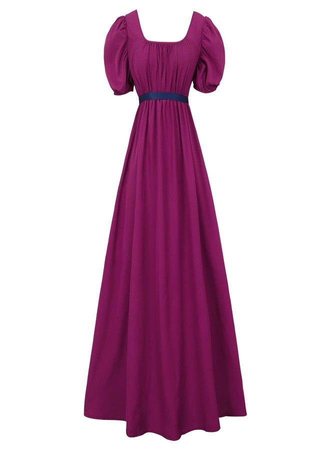 HEQU Regency Dresses for Women with Satin Sash Ruffled Puff Sleeve Empire Waist Dress Gown, Purple, L - Image 1