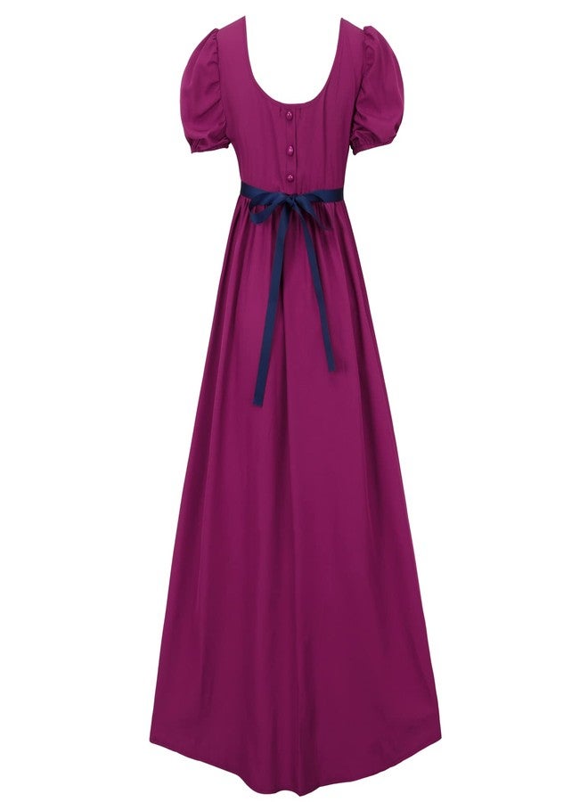 HEQU Regency Dresses for Women with Satin Sash Ruffled Puff Sleeve Empire Waist Dress Gown, Purple, L - Image 3