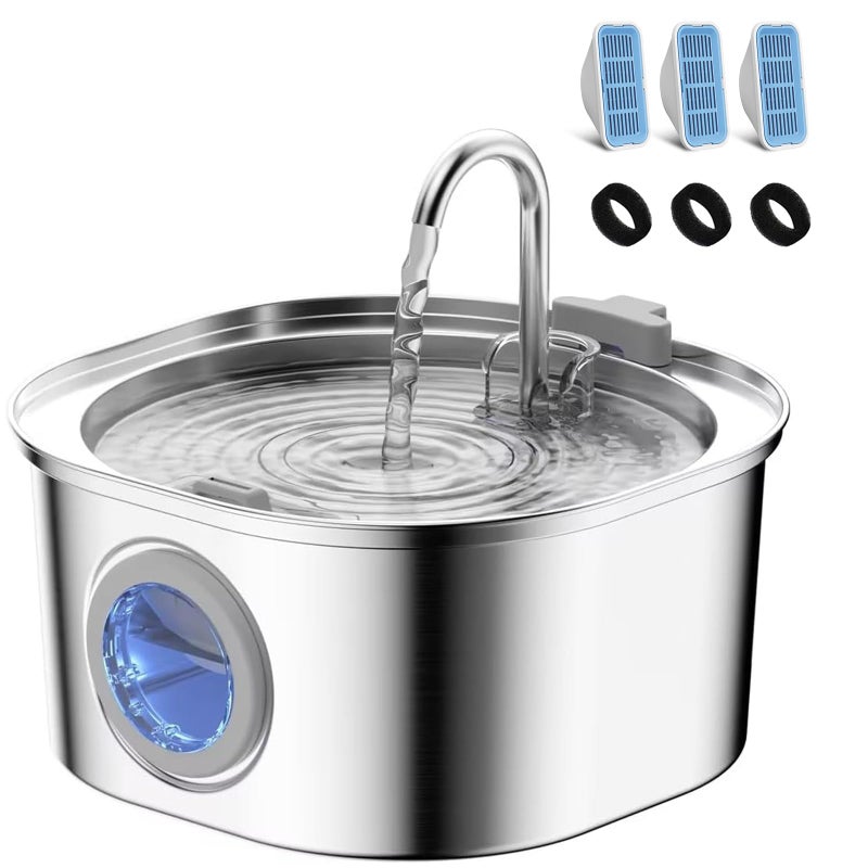 PEKTACO Cat Water Fountain, Pet Water Fountain for Cats/Dogs Indoor, Stainless Steel Cat Drinking Fountains with Water Level Window and 3 Filters + 3 Sponges(3.2L/108oz) - Image 1