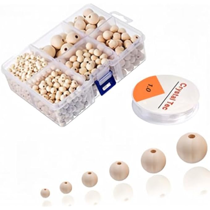 NATURAL WOOD BEADS FOR JEWELRY MAKING, 1105 PIECES ROUND WOODEN BEADS SET WITH ELASTIC STRING, 6 SIZES (6MM 8MM 10MM 12MM 16MM 20MM) FOR DIY BRACELETS NECKLACES CRAFTS