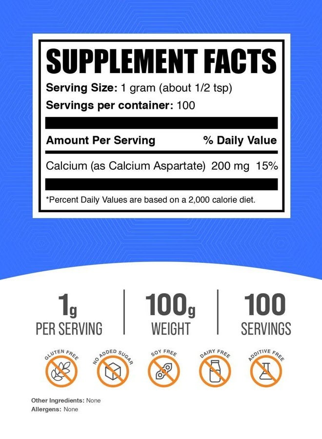 BulkSupplements .com Calcium Aspartate Powder - Gluten Free, 1000mg (200mg Calcium) per Serving, 100g (3.5 oz) (Pack of 1) - Image 2