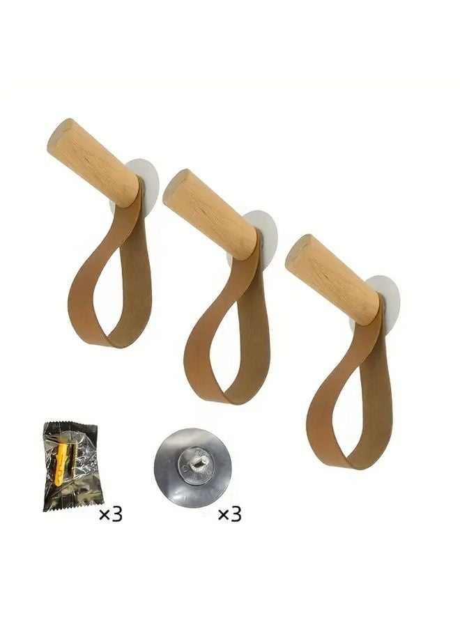 3 Pieces Scandinavian Modern Solid Wood Wall Mounted Hooks Brown Coat Hanger - Image 1