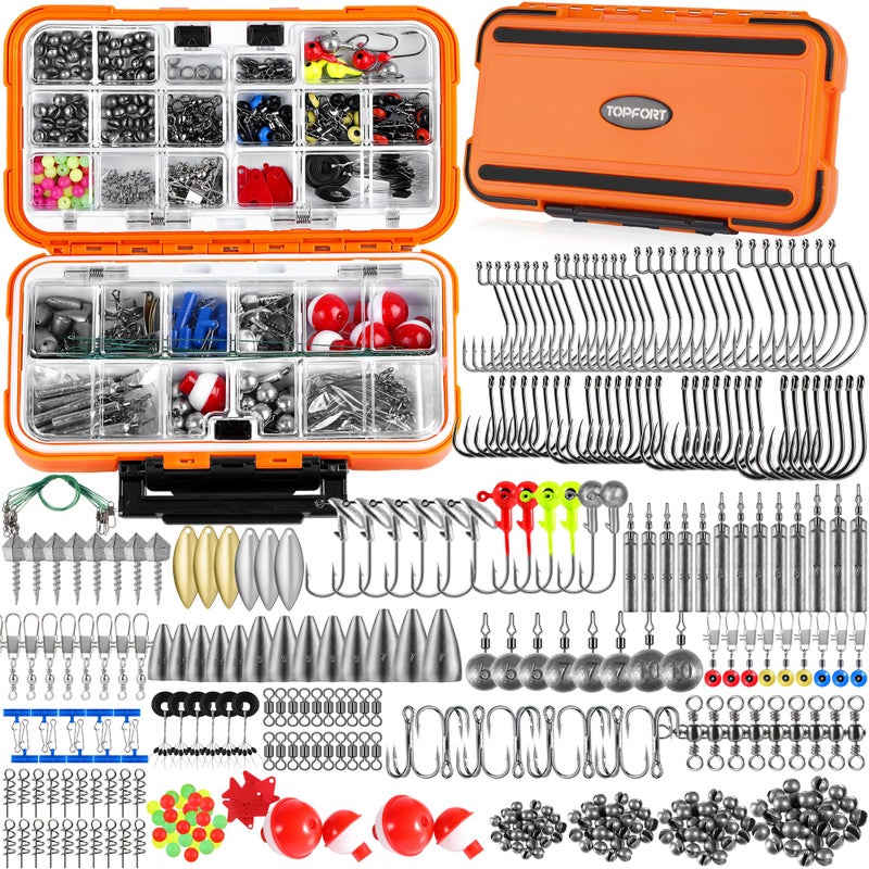 TOPFORT 187/343pcs Fishing Accessories Kit, Fishing Tackle Box with Tackle Included, Jig Hooks, Bullet Bass Casting Sinker Weights, Fishing Swivels Snaps, Sinker Slides, Fishing Gear and Equipment - Image 1