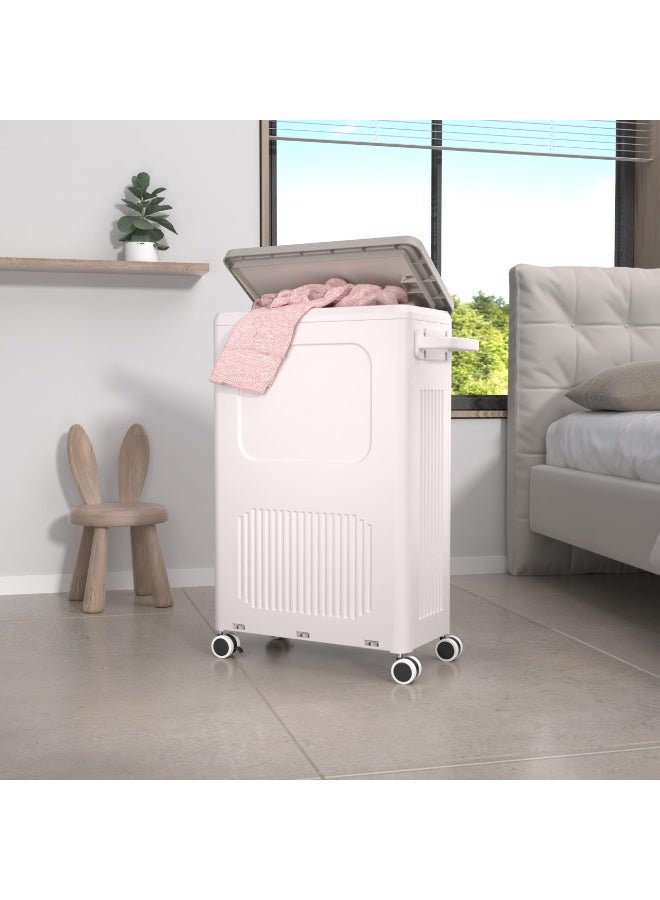 سلة غسيل رفيعة بغطاء، سلة غسيل بلاستيكية طويلة سعة 50 لترًا مزودة بعجلات، حجم صغير للمساحات الضيقة، عربة غسيل متحركة بمقبض لسهولة النقل إلى غرفة الغسيل (CG-HE067) - Image 1