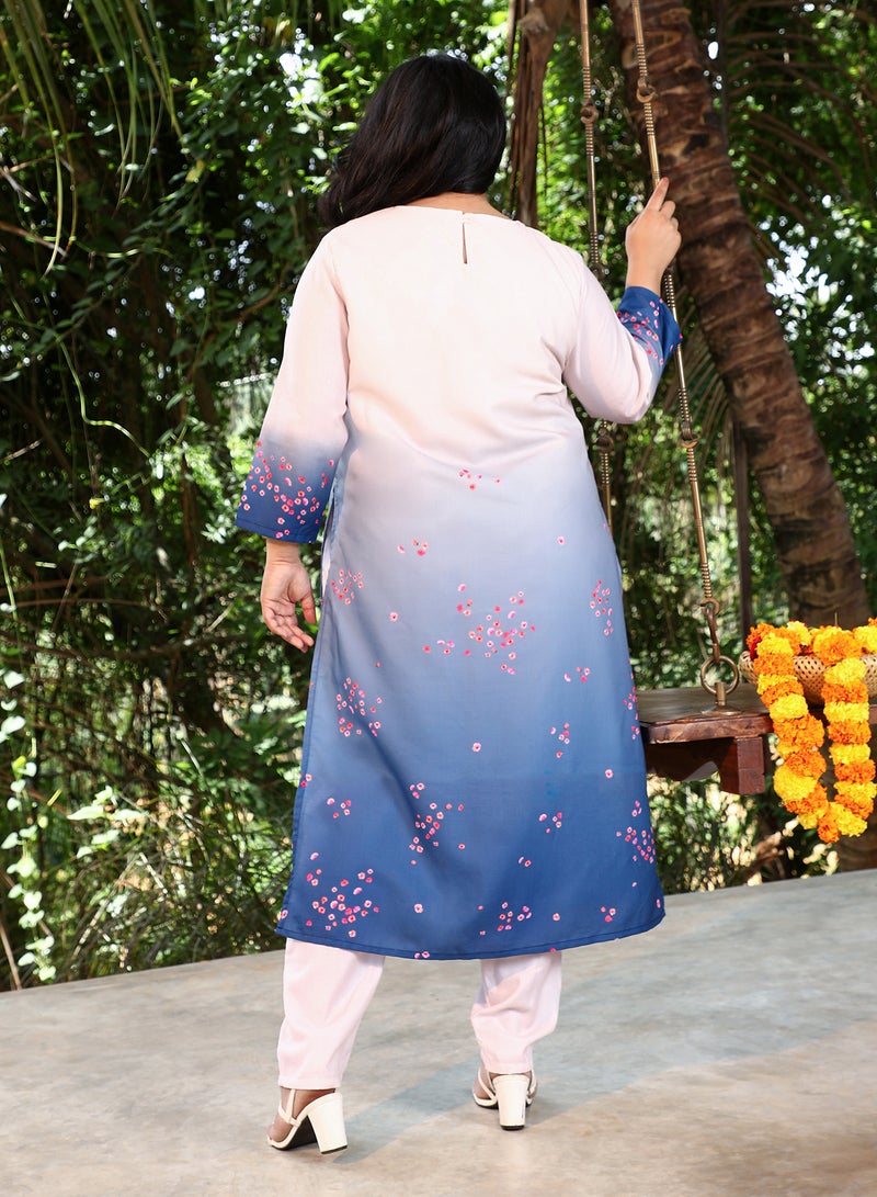 Instafab Plus Women's Soft Pink & Navy Blue Ombre Floret Kurta Set For Ethnic Wear | Round Neck, Quarter Regular Sleeves | Floral Print Plain Fabric | 2 Piece Kurta Set For Casual & Daily Wear - Image 5