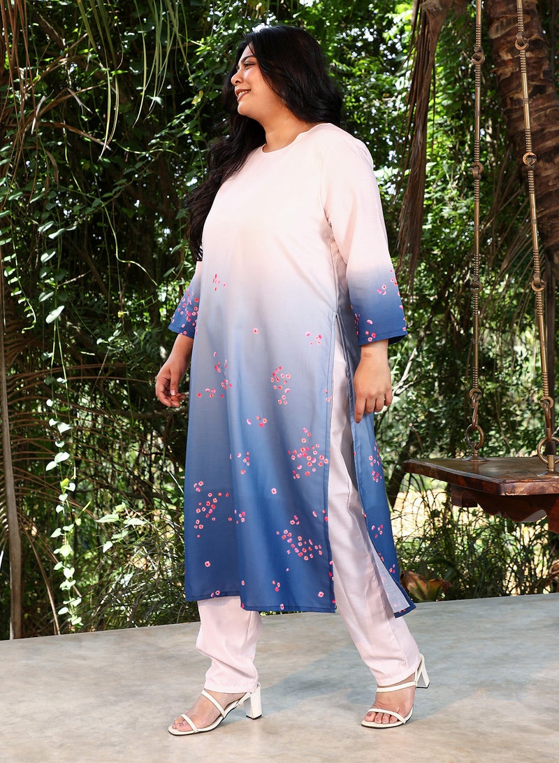 Instafab Plus Women's Soft Pink & Navy Blue Ombre Floret Kurta Set For Ethnic Wear | Round Neck, Quarter Regular Sleeves | Floral Print Plain Fabric | 2 Piece Kurta Set For Casual & Daily Wear - Image 3