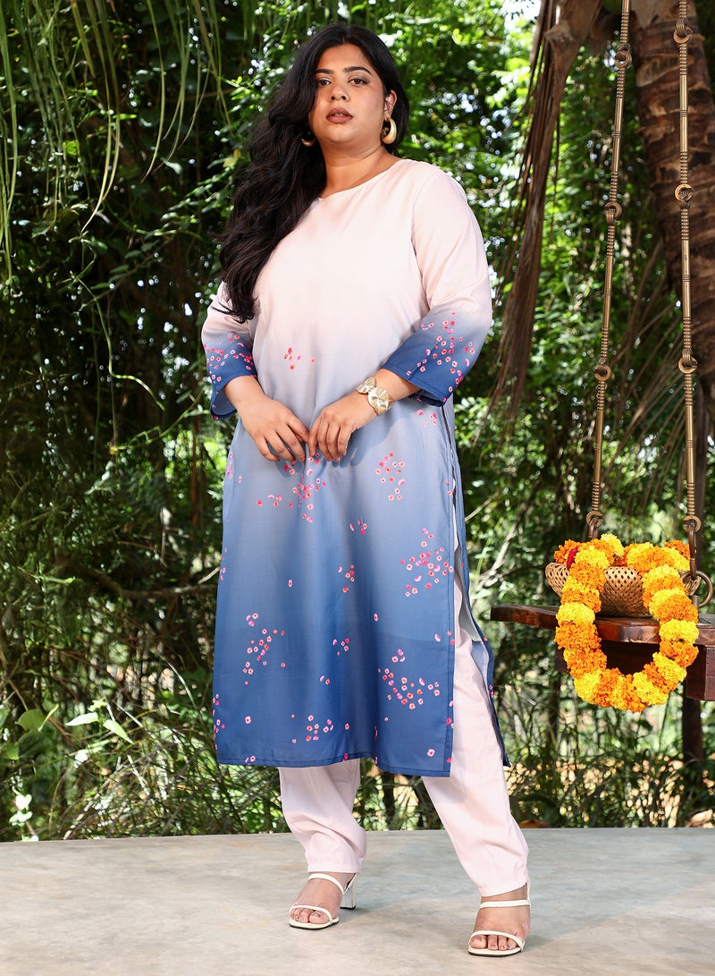 Instafab Plus Women's Soft Pink & Navy Blue Ombre Floret Kurta Set For Ethnic Wear | Round Neck, Quarter Regular Sleeves | Floral Print Plain Fabric | 2 Piece Kurta Set For Casual & Daily Wear - Image 2