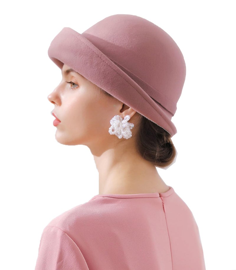 ORIDOOR Women Vintage Wool Felt Flowers Bucket Cloche Bowler Hat Church Wedding Dress Fascinator Hat Winter Felt Fedoras (012 Pink, One Size) … - Image 4