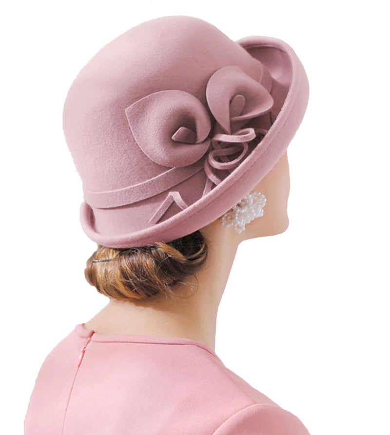 ORIDOOR Women Vintage Wool Felt Flowers Bucket Cloche Bowler Hat Church Wedding Dress Fascinator Hat Winter Felt Fedoras (012 Pink, One Size) … - Image 3