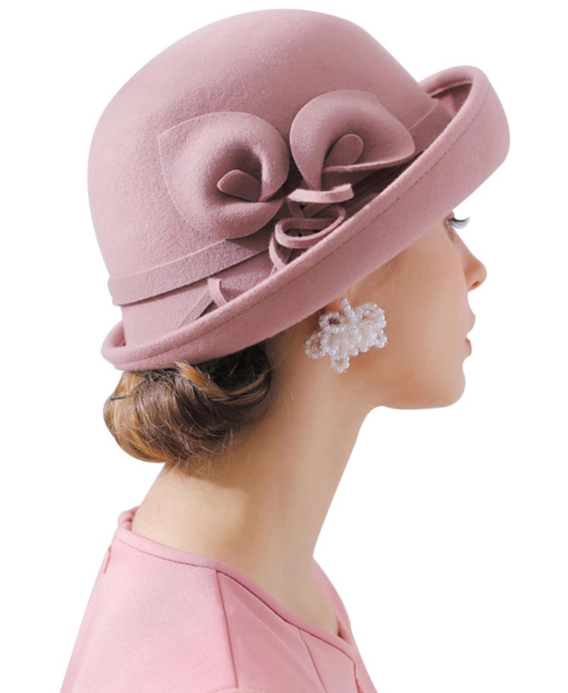 ORIDOOR Women Vintage Wool Felt Flowers Bucket Cloche Bowler Hat Church Wedding Dress Fascinator Hat Winter Felt Fedoras (012 Pink, One Size) … - Image 5