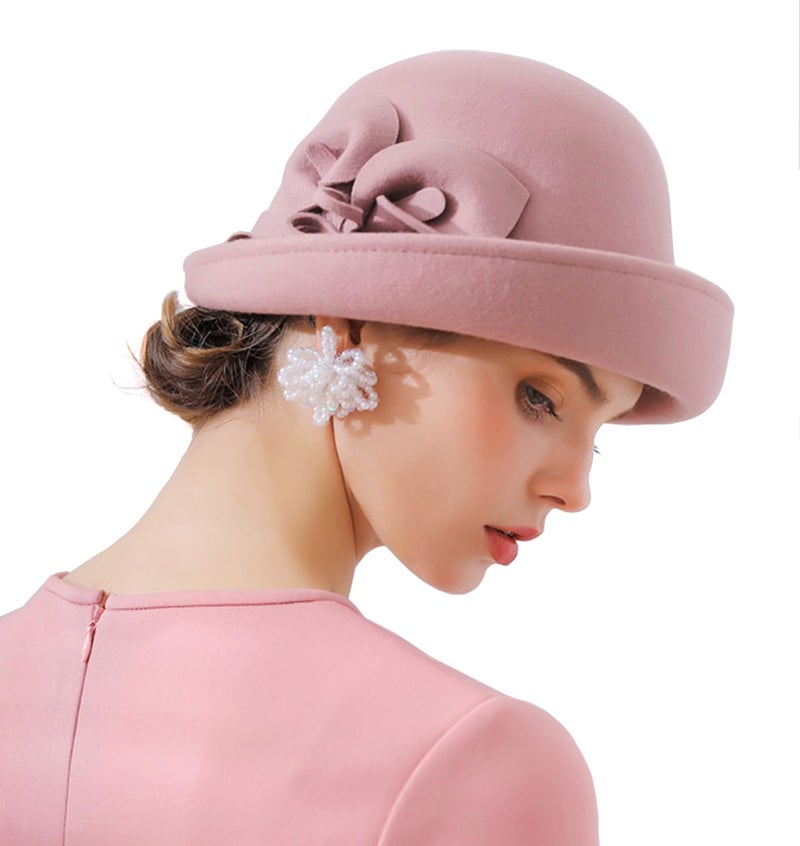 ORIDOOR Women Vintage Wool Felt Flowers Bucket Cloche Bowler Hat Church Wedding Dress Fascinator Hat Winter Felt Fedoras (012 Pink, One Size) … - Image 2