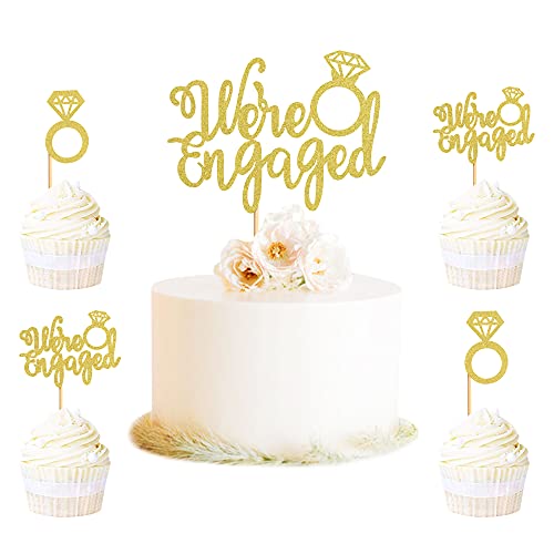 Ercadio 25 Pack We're Engaged Cupcake Toppers with We are Engaged Cake Topper Glitter Ring Bridal Shower Cupcake Picks for Wedding Engagement Theme Party Cake Decorations Supplies Gold - Image 1