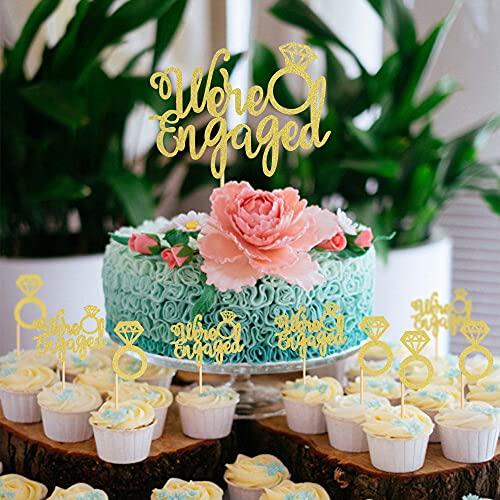 Ercadio 25 Pack We're Engaged Cupcake Toppers with We are Engaged Cake Topper Glitter Ring Bridal Shower Cupcake Picks for Wedding Engagement Theme Party Cake Decorations Supplies Gold - Image 3