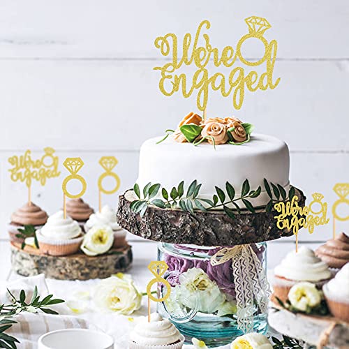Ercadio 25 Pack We're Engaged Cupcake Toppers with We are Engaged Cake Topper Glitter Ring Bridal Shower Cupcake Picks for Wedding Engagement Theme Party Cake Decorations Supplies Gold - Image 5