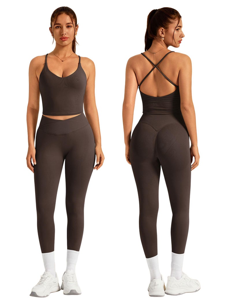 ABOCIW Workout Sets for Women 2 Piece Seamless V Neck Strappy Tank Top with Bra Crossover Waist Scrunch Butt Lifting Leggings Gym Sets Yoga Pilates Outfits Work Out Clothes Brown Medium - Image 1