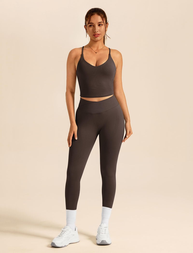 ABOCIW Workout Sets for Women 2 Piece Seamless V Neck Strappy Tank Top with Bra Crossover Waist Scrunch Butt Lifting Leggings Gym Sets Yoga Pilates Outfits Work Out Clothes Brown Medium - Image 4