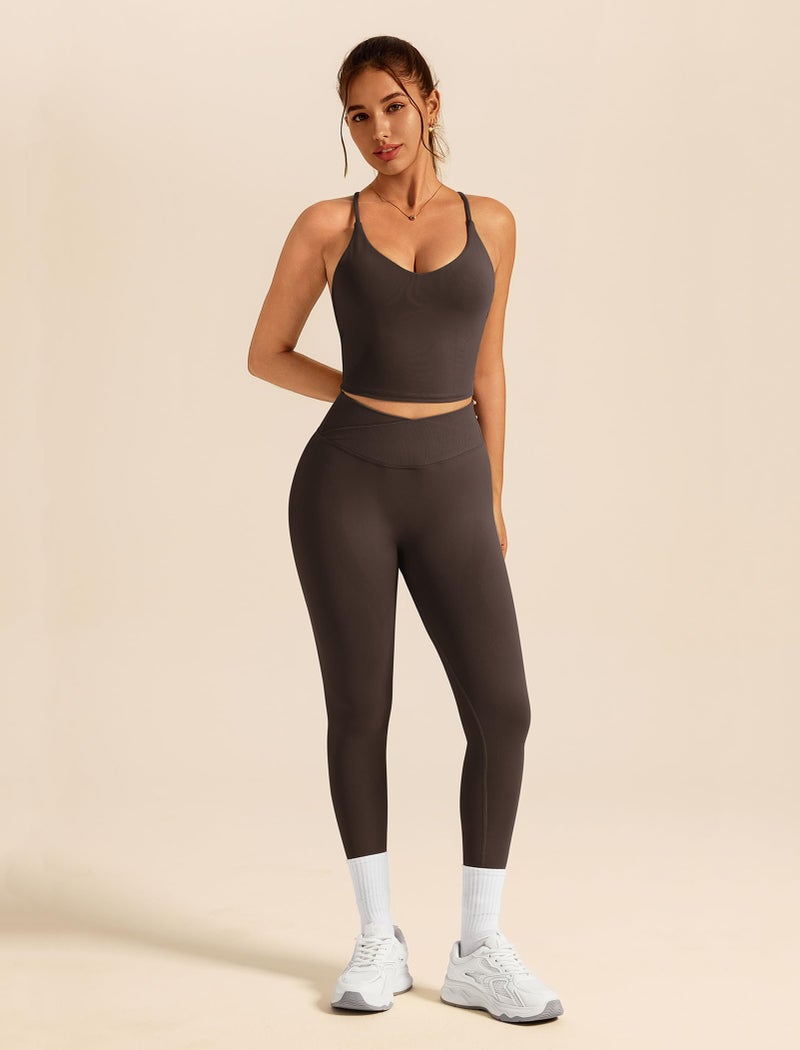 ABOCIW Workout Sets for Women 2 Piece Seamless V Neck Strappy Tank Top with Bra Crossover Waist Scrunch Butt Lifting Leggings Gym Sets Yoga Pilates Outfits Work Out Clothes Brown Medium - Image 3