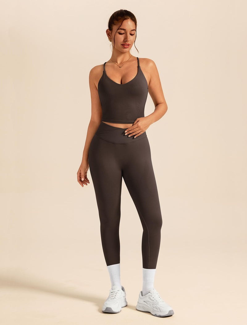 ABOCIW Workout Sets for Women 2 Piece Seamless V Neck Strappy Tank Top with Bra Crossover Waist Scrunch Butt Lifting Leggings Gym Sets Yoga Pilates Outfits Work Out Clothes Brown Medium - Image 2