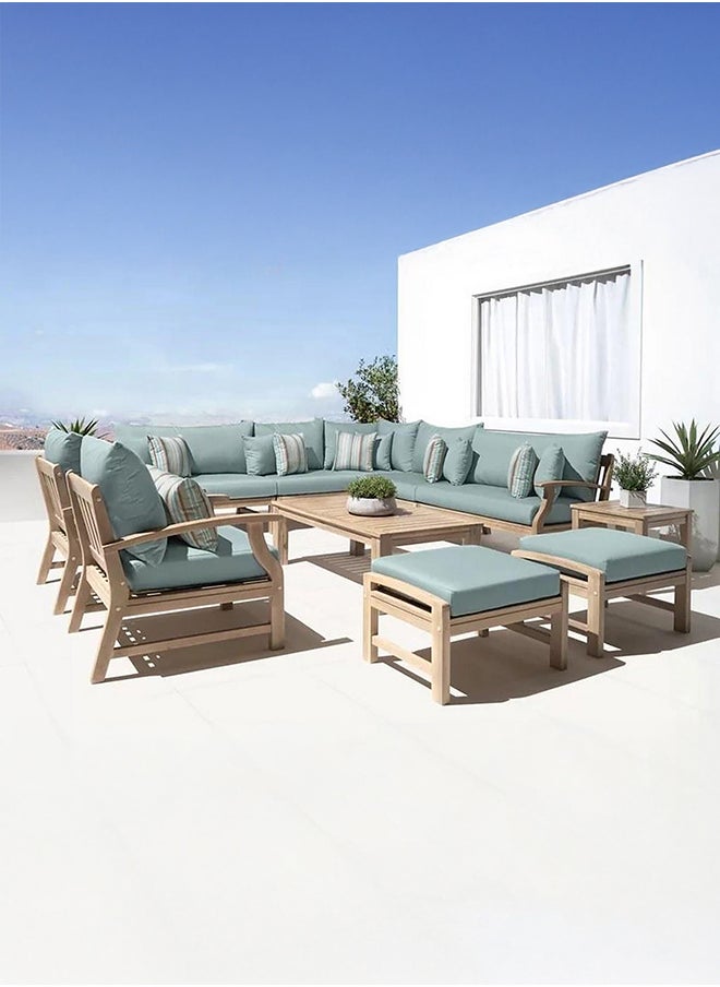 SWAR Corner sofa set with two armchairs, two chairs, a side table, and a table - Upholstered in linen - 7 pieces - Beige & Blue 