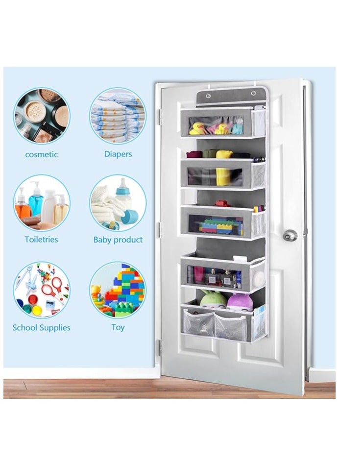 YOMA - The Door Storage Organizer with Mesh Perspective Window, Foldable Wall Mount Hanging Organizer for Bedroom Nursery Pantry Closet Dorm , Baby Storage-Grey - Image 1
