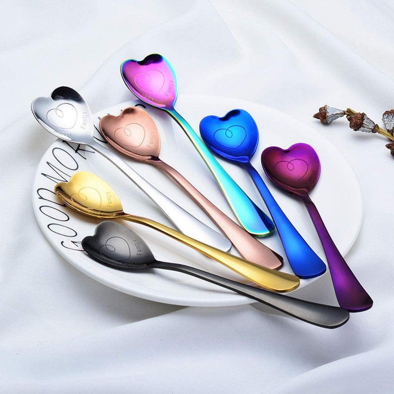 7 Stainless Steel Spoons Heart Love Shaped Coffee Dessert Spoons Multicolor Gift Set