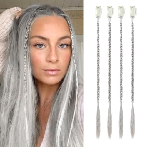 Flufymooz 4PC Braid in Hair Extension 14 Inch Clip in Braid Extensions for Women Synthetic Hairpieces for Daily Use Party Styling (Silver Grey) - Image 1